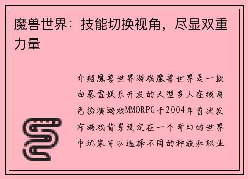 魔兽世界：技能切换视角，尽显双重力量
